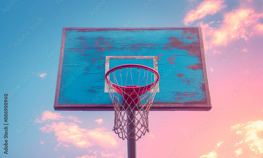 Street basketball backboard with hoop in front of pastel blue-pink sky. Street basketball backboard with hoop in front of pastel blue-pink sky.