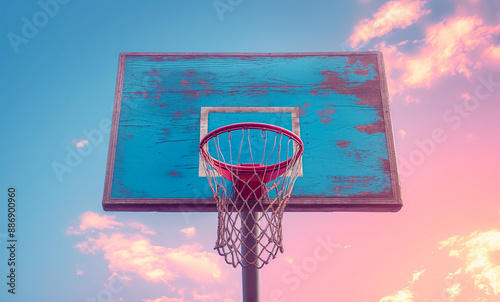 Street basketball backboard with hoop in front of pastel blue-pink sky.