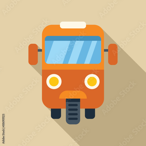 Orange auto rickshaw is showing its front view, designed in flat style with long shadow
