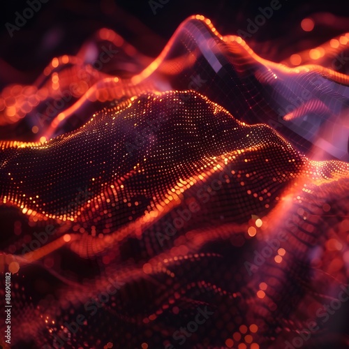 A glowing digital landscape with undulating waves of red and orange, illustrating energy and motion photo