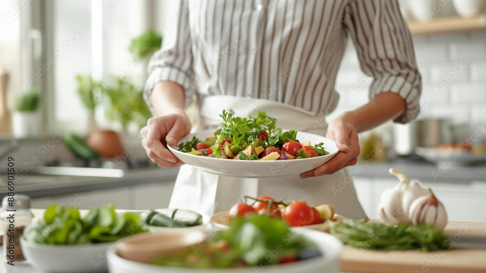 A woman cooking and holding a plate of healthy food made from various vegetables, Home cooking lifestyle, healthy food and wellness. A woman cooking and holding a plate of healthy food made from various vegetables, Home cooking lifestyle, healthy food and wellness.