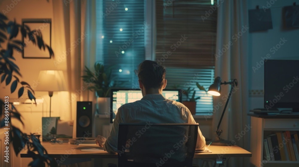 A lone graphic designer sits in a dimly lit home office, working intently on their computer as the night settles outside the window A lone graphic designer sits in a dimly lit home office, working intently on their computer as the night settles outside the window