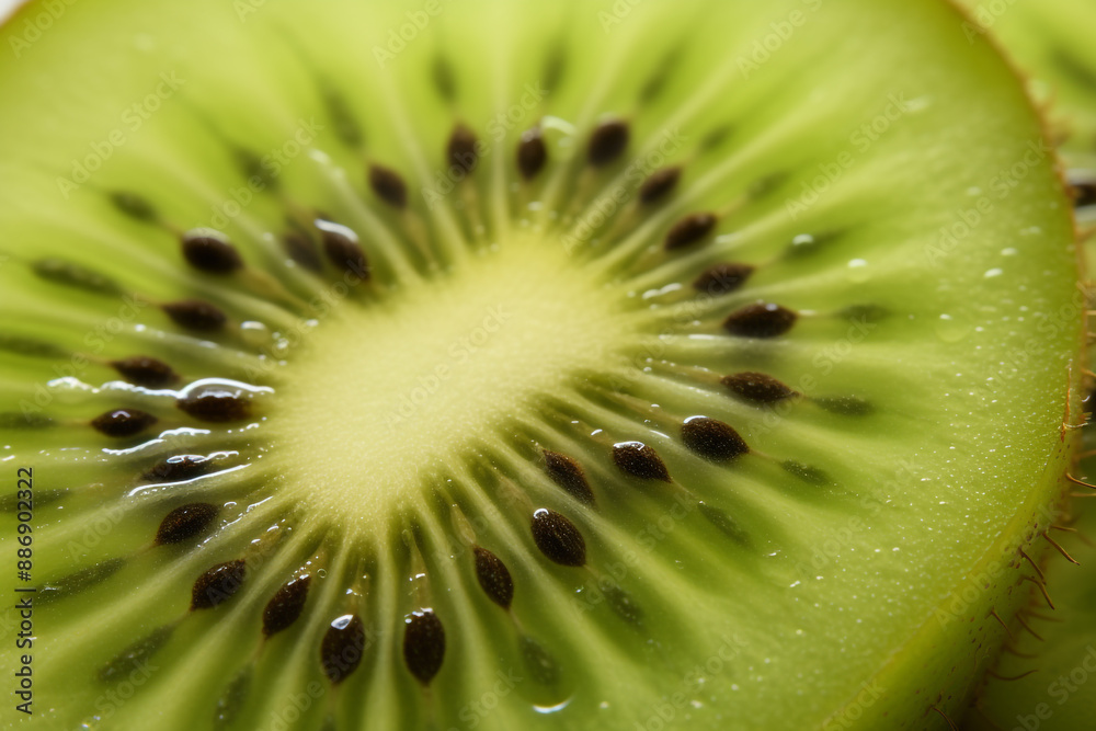 Juicy green kiwi slice macro shot, fresh and ripe with tiny black seeds Juicy green kiwi slice macro shot, fresh and ripe with tiny black seeds