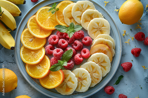 A delicious dessert with fresh fruit like banana and orange photo