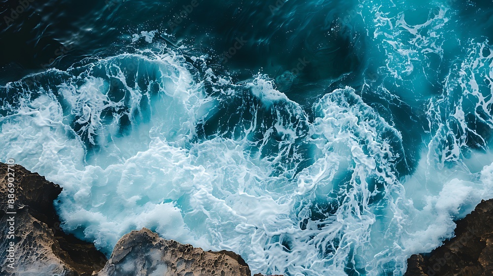 Obraz premium High view of ocean waves by a jagged rocky coast, in indigo and blush, ultra HD, minimalist and tranquil