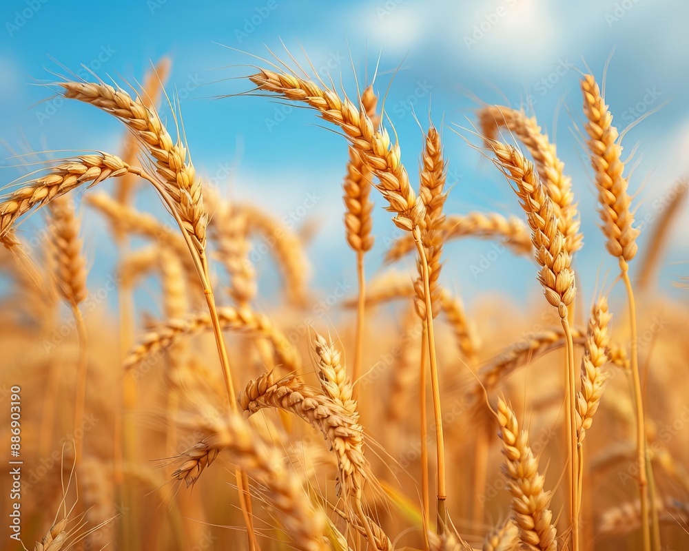 Fototapeta premium Golden wheat field under a blue sky, rural tranquility, harvest season
