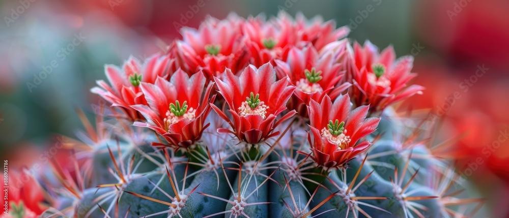 Vibrant Cactus Blossoms: Close-Up of Thorny Succulent Plant with Bright Flowers in Bloom Vibrant Cactus Blossoms: Close-Up of Thorny Succulent Plant with Bright Flowers in Bloom