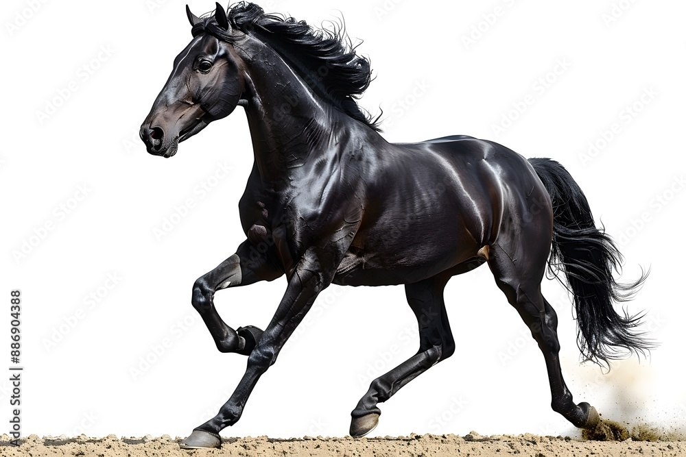 Majestic Black Stallion Galloping on Sandy Terrain Majestic Black Stallion Galloping on Sandy Terrain