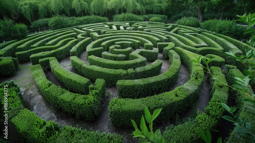 English green labyrinth with shrubs and trees. way out of a difficult situation. puzzle and riddle