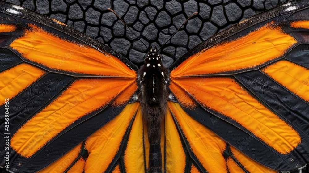 Close-up of a vibrant butterfly with orange and black wings against a textured, dark background. Close-up of a vibrant butterfly with orange and black wings against a textured, dark background.
