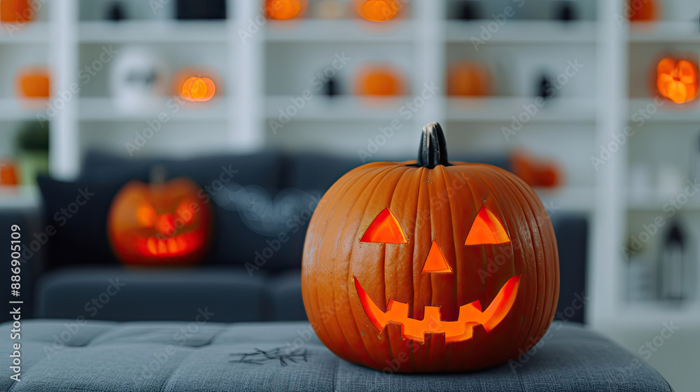 Cozy Halloween scene with carved pumpkins glowing in a living room, creating a festive atmosphere with jack-o'-lanterns on Halloween night. Cozy Halloween scene with carved pumpkins glowing in a living room, creating a festive atmosphere with jack-o'-lanterns on Halloween night.