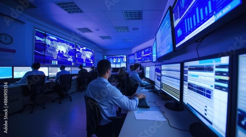 Wallpaper Mural high-tech and dynamic image of a network operations center (NOC) with technicians monitoring network traffic, troubleshooting issues, and ensuring network performance Torontodigital.ca