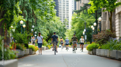 Wallpaper Mural People biking and walking on a green city street lined with trees, enjoying an active and eco-friendly urban environment. Torontodigital.ca