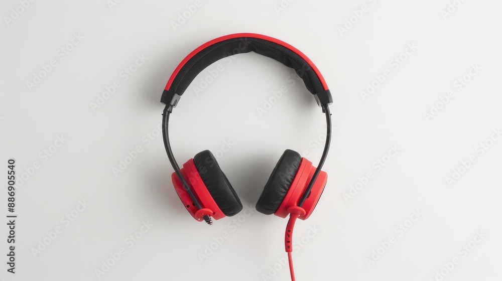 Red and black headphones with cord on white background Red and black headphones with cord on white background