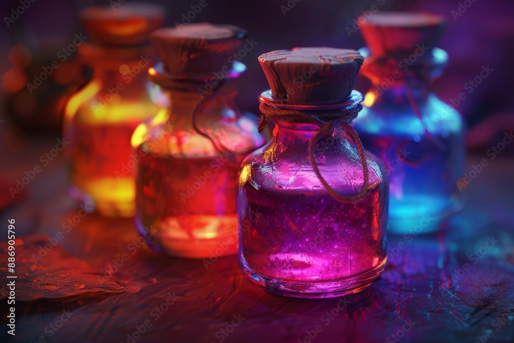 Enchanting Neon Glow: Vibrant Colored Bottles Illuminated in Moody Lighting Enchanting Neon Glow: Vibrant Colored Bottles Illuminated in Moody Lighting