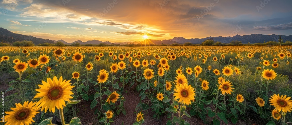 Fototapeta premium Golden Hour Serenity: Sunflower Field with Scattered Cacti under a Warm Sky