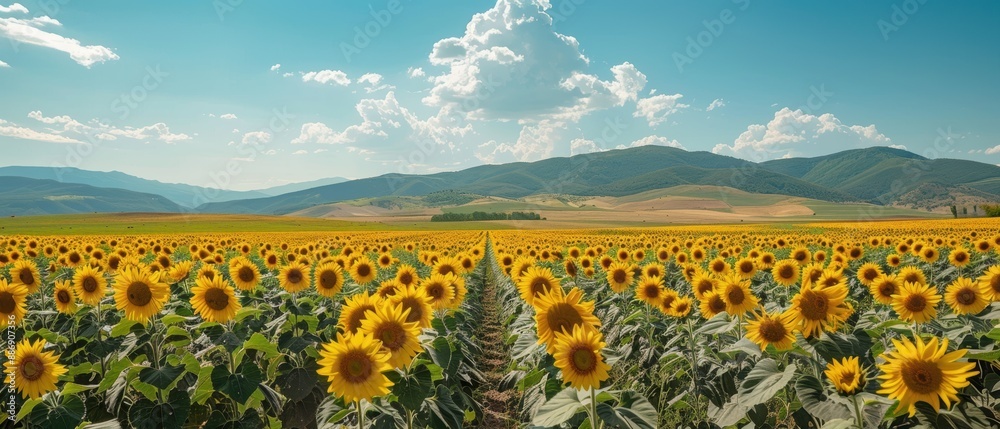 Obraz premium Vibrant Sunflower Field with Scattered Cacti under Sunny Sky