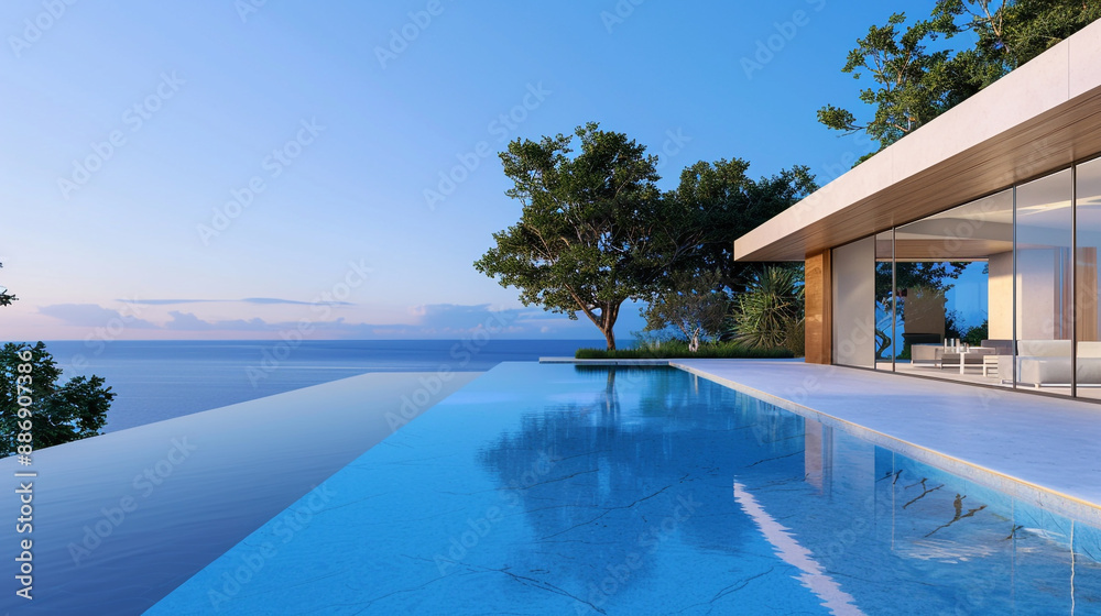 Fototapeta premium Modern villa featuring clean lines and an infinity pool.