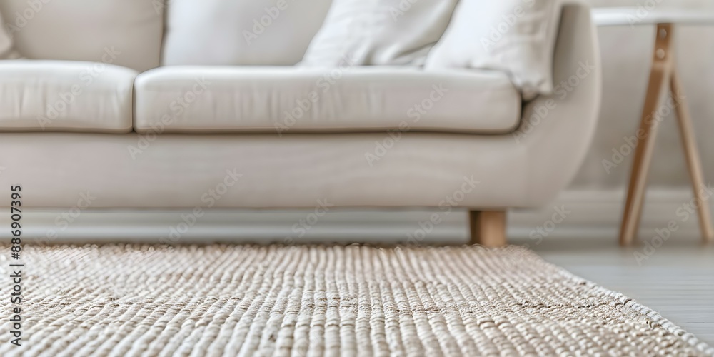 Obraz premium Closeup of beige sofa on carpet in home interior setting. Concept Home Interior Photography, Beige Sofa, Closeup Shot, Interior Design, Cozy Home