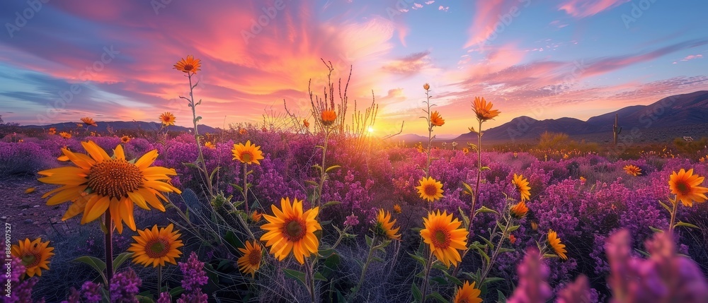 Desert Sunrise - Stunning Sunflowers and Majestic Cacti in the Morning Light Desert Sunrise - Stunning Sunflowers and Majestic Cacti in the Morning Light