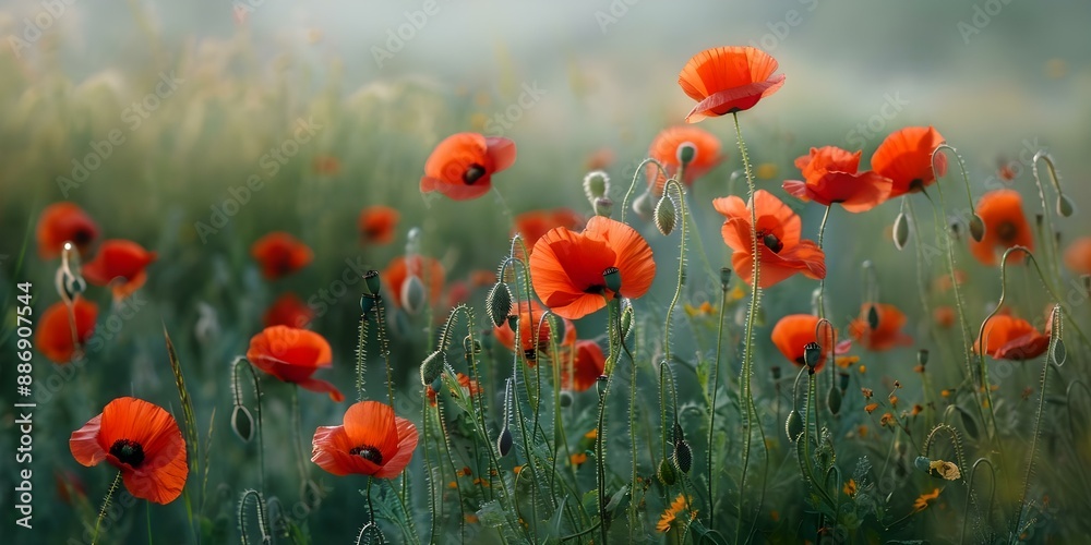 Fototapeta premium Vibrant oil painting capturing red poppies in a lush green meadow. Concept Nature, Flowers, Painting, Landscape, Art