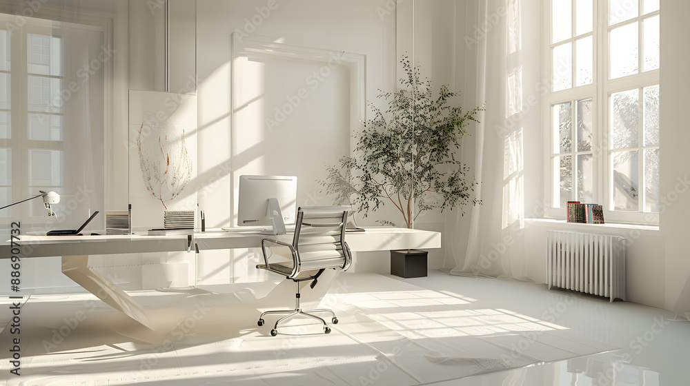 A clean and bright office space with a large window and a potted tree A clean and bright office space with a large window and a potted tree