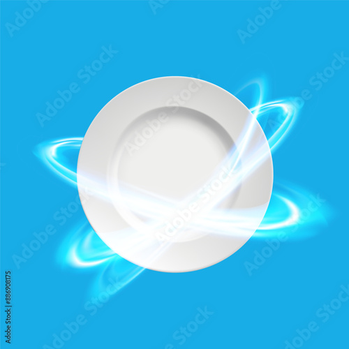 White clean plate is washed with dishwashing liquid. Vector stock illustration.