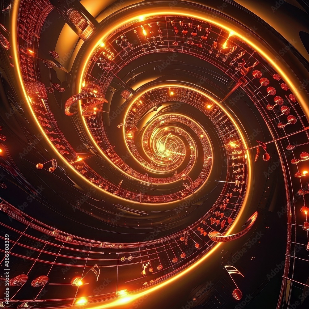 Luminous Melodies - Abstract 3D Spiral of Glowing Music Notes in Dynamic and Captivating 3D Background Music Visualization Luminous Melodies - Abstract 3D Spiral of Glowing Music Notes in Dynamic and Captivating 3D Background Music Visualization