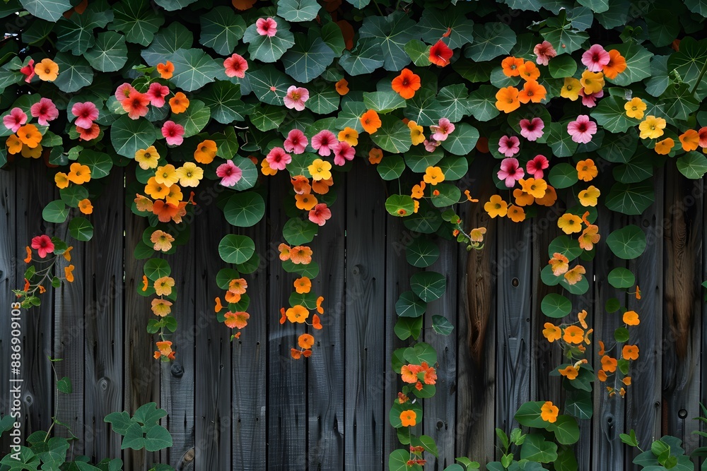 Vibrant Nasturtium Flowers Cascading Over a Wooden Fence Vibrant Nasturtium Flowers Cascading Over a Wooden Fence