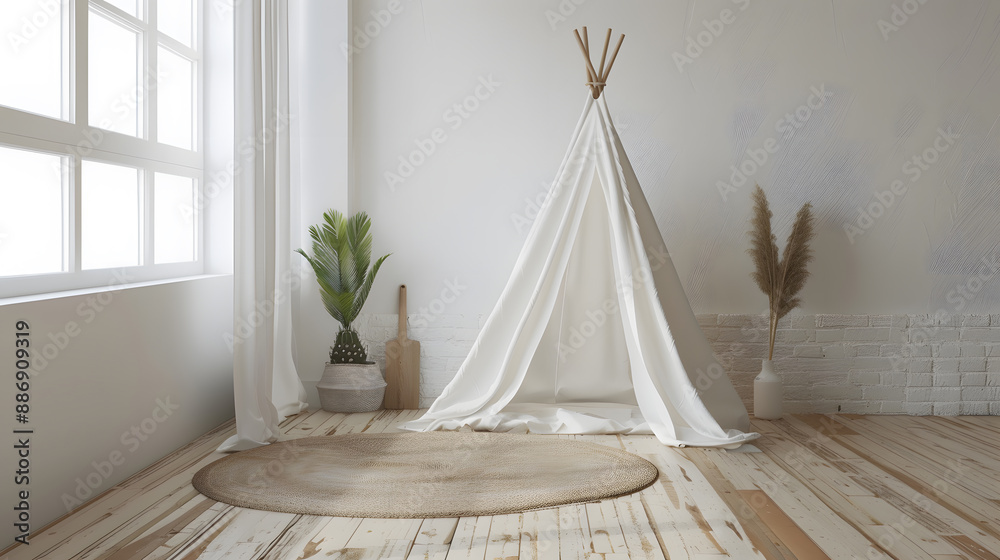 A white teepee is in a room with white curtains A white teepee is in a room with white curtains