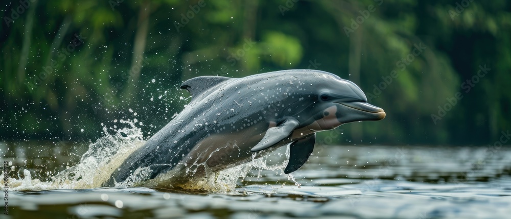 Obraz premium Majestic Amazon River Dolphin Leaping Amidst Lush Forest Setting