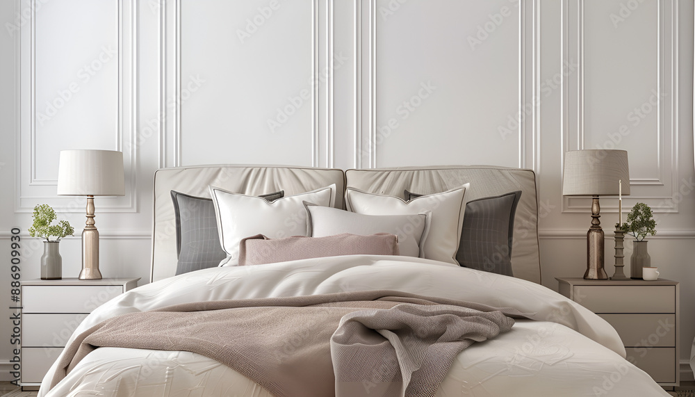 Fototapeta premium Comfortable bed between bedside tables with lamps at home. Interior design