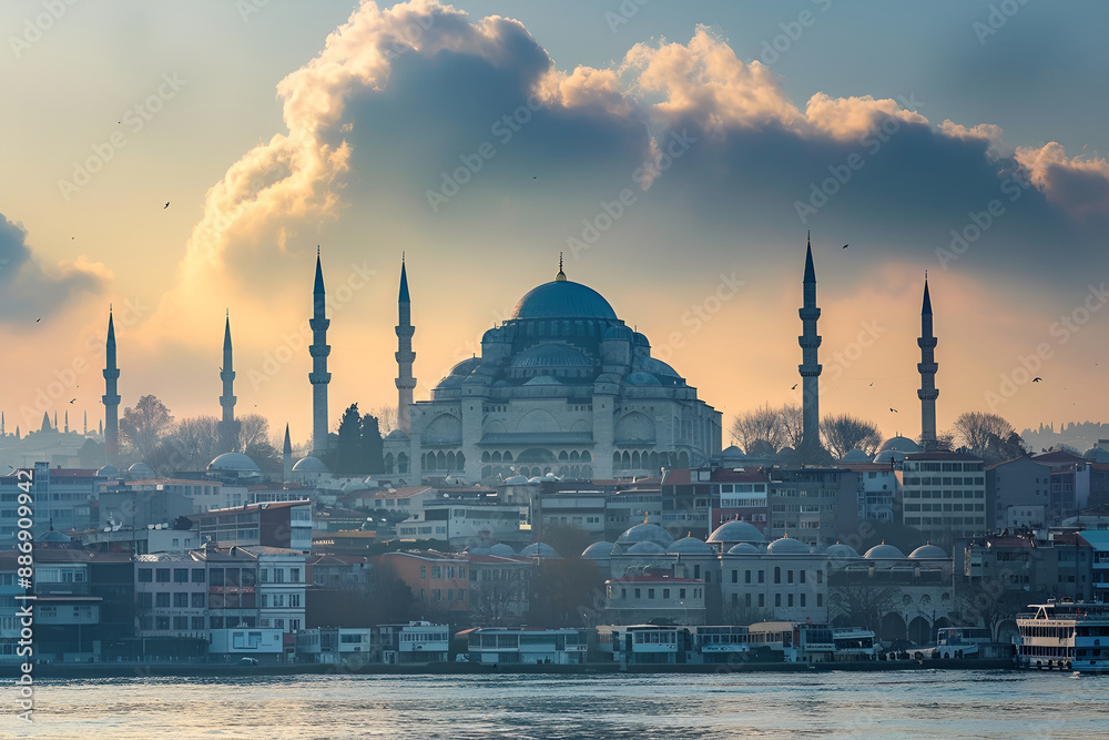 Obraz premium Photo of Hagia Sophia Cathedral during sunset in Istanbul, Turkey. Landscape view.