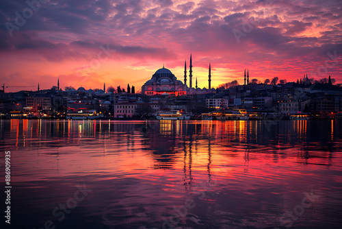 Photo of Hagia Sophia Cathedral during sunset in Istanbul, Turkey. Landscape view.