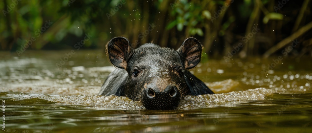South American Tapir Enjoying a Swim in the Amazon River Surrounded by Lush Jungle South American Tapir Enjoying a Swim in the Amazon River Surrounded by Lush Jungle