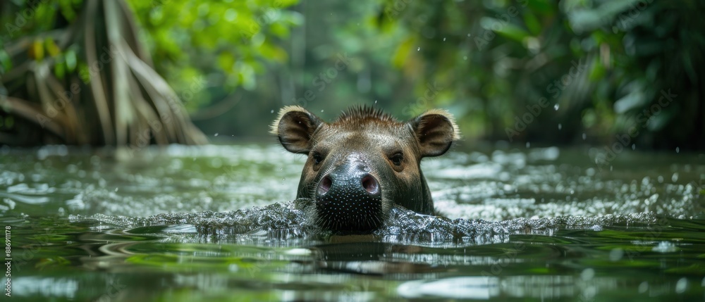South American Tapir Swimming Gracefully in the Amazon River Surrounded by Lush Jungle Wilderness South American Tapir Swimming Gracefully in the Amazon River Surrounded by Lush Jungle Wilderness