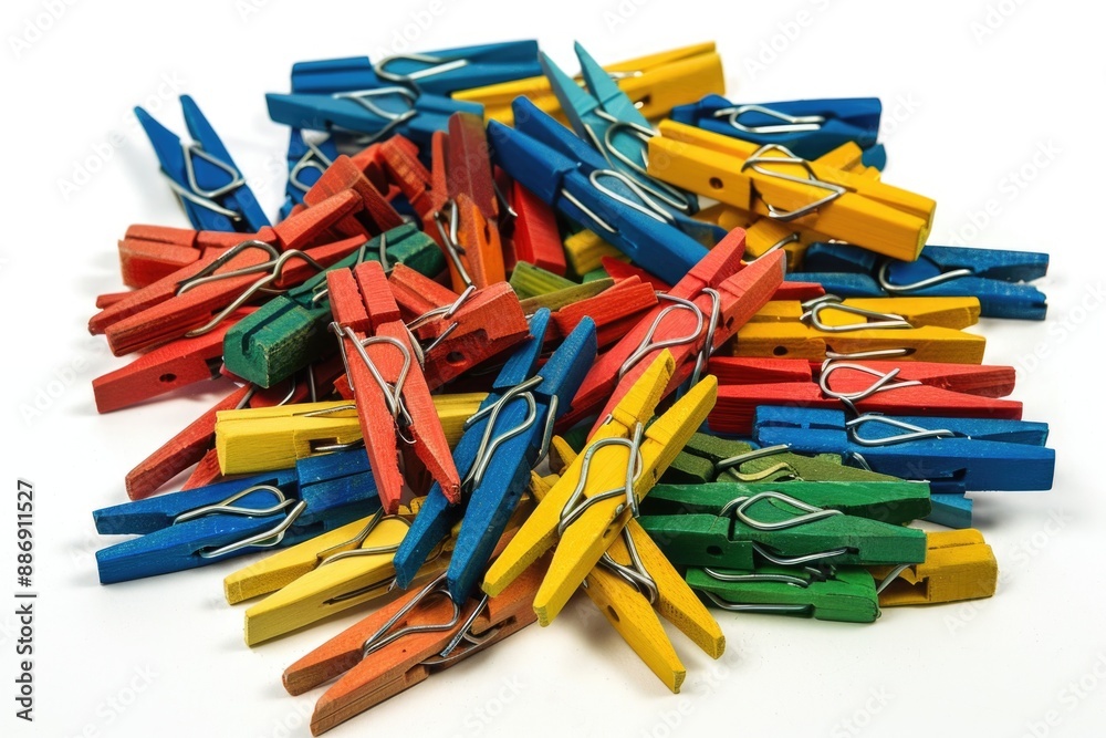 A collection of vibrant clothes pegs arranged on a clean white surface A collection of vibrant clothes pegs arranged on a clean white surface