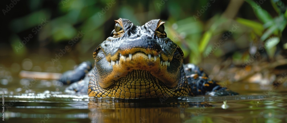 Obraz premium Stealthy Caiman Concealed by Amazon River Vegetation