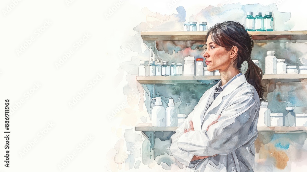 A female pharmacist stands in a pharmacy with arms crossed, looking thoughtfully at the shelves of medicine bottles. A female pharmacist stands in a pharmacy with arms crossed, looking thoughtfully at the shelves of medicine bottles.