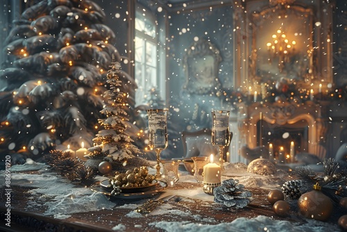 Elegant Christmas Table Setting in a Snowy, Candlelit Room photo