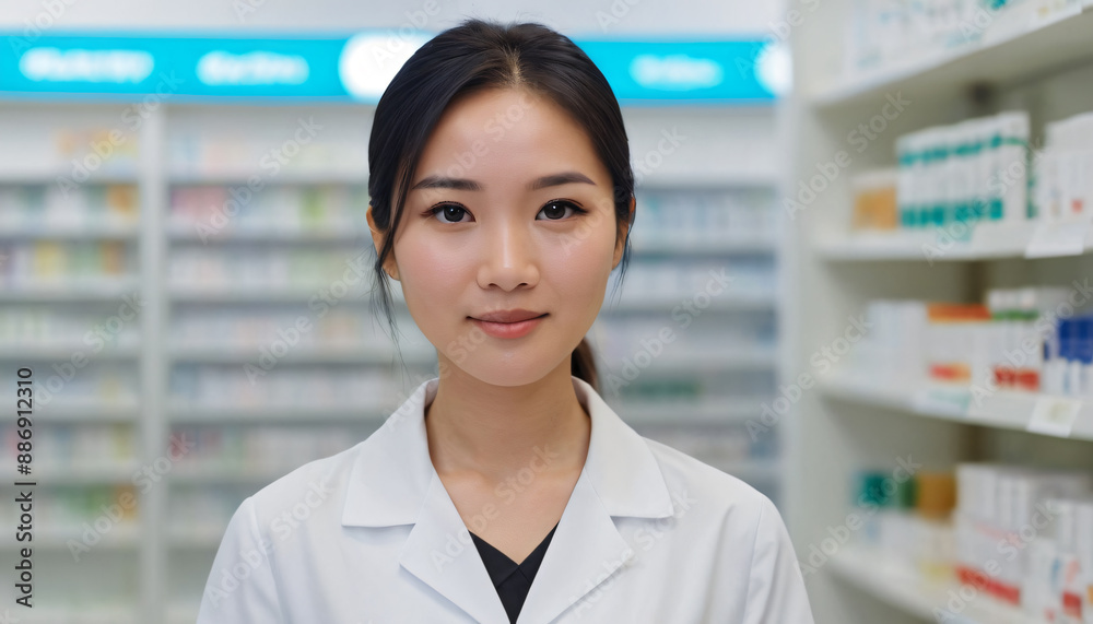 portrait asian girl pharmacist doctor, blurred pharmacy background. space for copy for text portrait asian girl pharmacist doctor, blurred pharmacy background. space for copy for text
