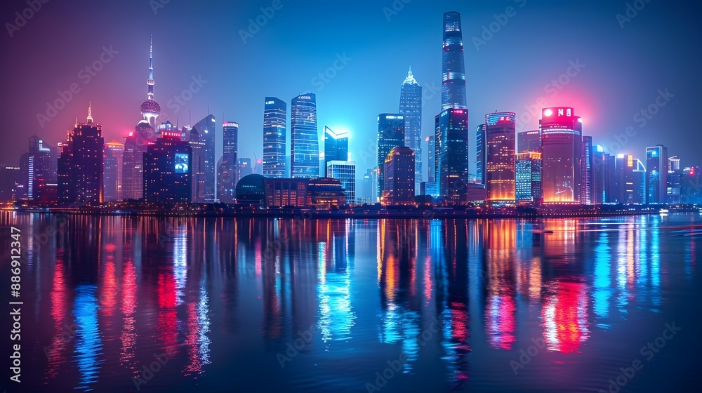Vibrant Nightscape of a Modern City Skyline Reflecting on Water