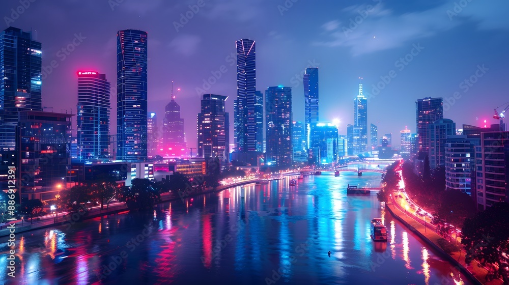 Naklejka premium Vibrant Nightscape of a Modern City with Neon Lights Reflecting on the River