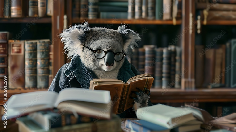 koala dressed as a librarian, organizing books on a shelf, wearing glasses and a cardigan, detailed fur and clothing textures, library setting koala dressed as a librarian, organizing books on a shelf, wearing glasses and a cardigan, detailed fur and clothing textures, library setting