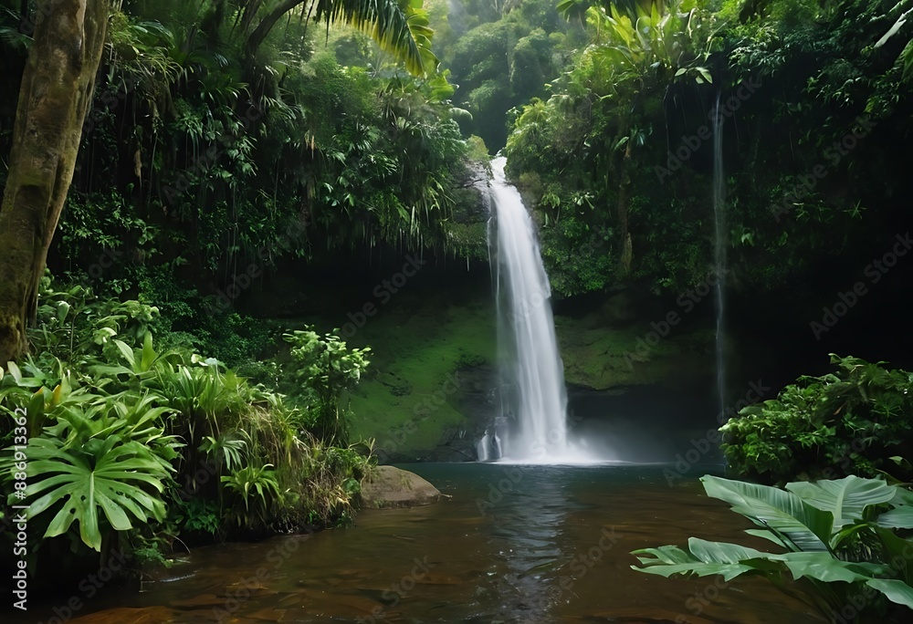 A cascading waterfall in a tropical rainforest, surrounded by lush greenery and exotic plants. A cascading waterfall in a tropical rainforest, surrounded by lush greenery and exotic plants.