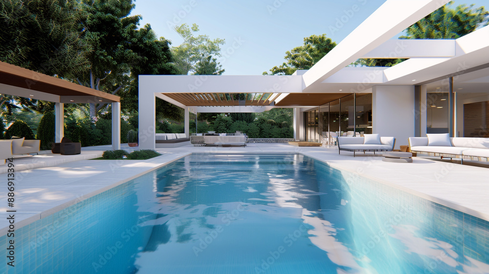 Fototapeta premium Modern villa featuring a spacious outdoor lounge and sleek pool area.