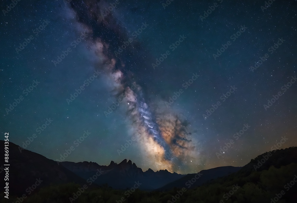 A clear night sky filled with stars, with the Milky Way visible, above a silhouette of mountains or trees. A clear night sky filled with stars, with the Milky Way visible, above a silhouette of mountains or trees.