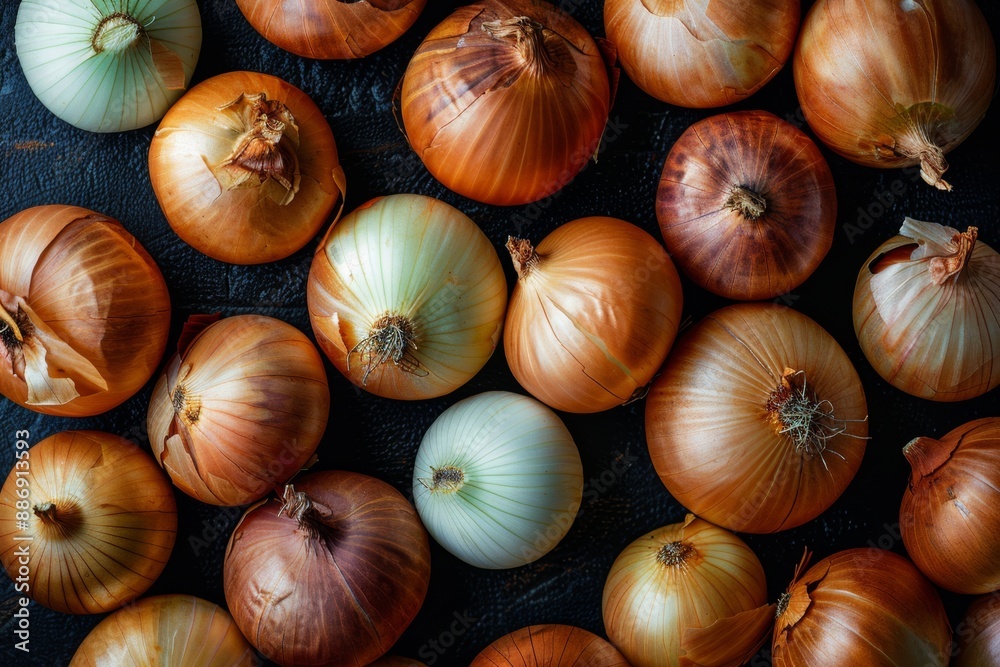 Top view of fresh onions arranged on dark background. Vibrant colors showcase different varieties of onions. Perfect for food blogs, culinary themes, or market illustrations. Generative AI Top view of fresh onions arranged on dark background. Vibrant colors showcase different varieties of onions. Perfect for food blogs, culinary themes, or market illustrations. Generative AI