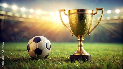 Gold Winners sports cup with soccer ball, football field background, Football Design trophy.