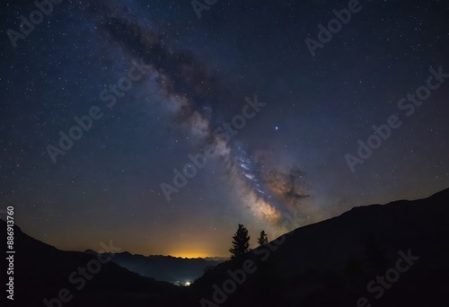 A clear night sky filled with stars, with the Milky Way visible, above a silhouette of mountains or trees.